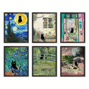 6pcs Abstract Cat Wall Art: A Minimalist and Vintage Decorative Print for a Fun and Stylish Home - No Frame