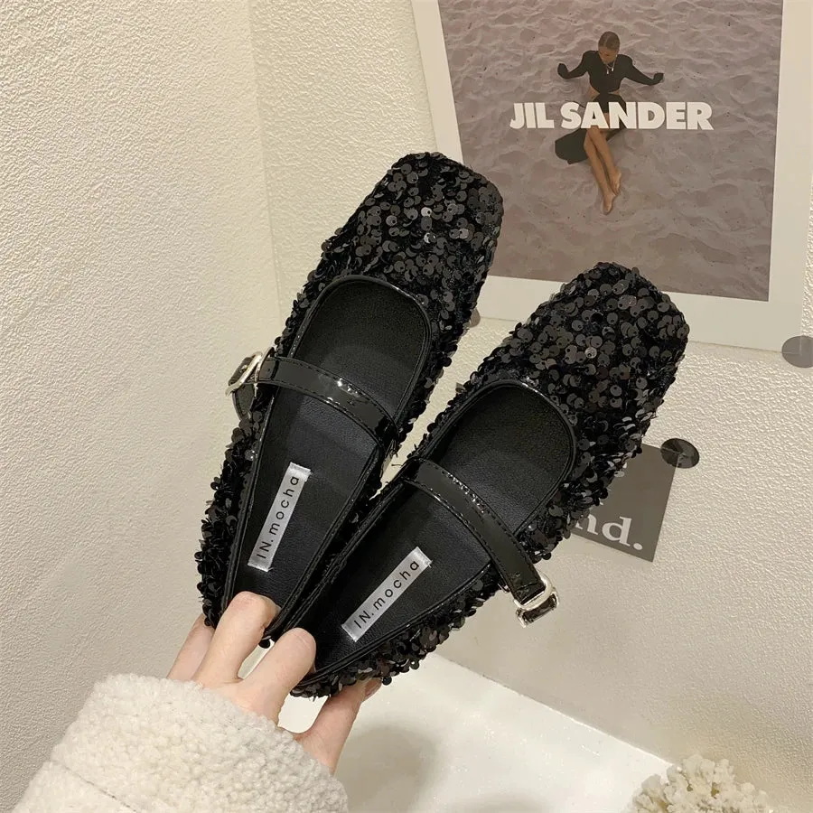 Casual Woman Shoe Soft Female Footwear Shallow Mouth Modis Autumn Elegant Square Toe Oxfords Glitter Dress 2024 Fall Summer Leat