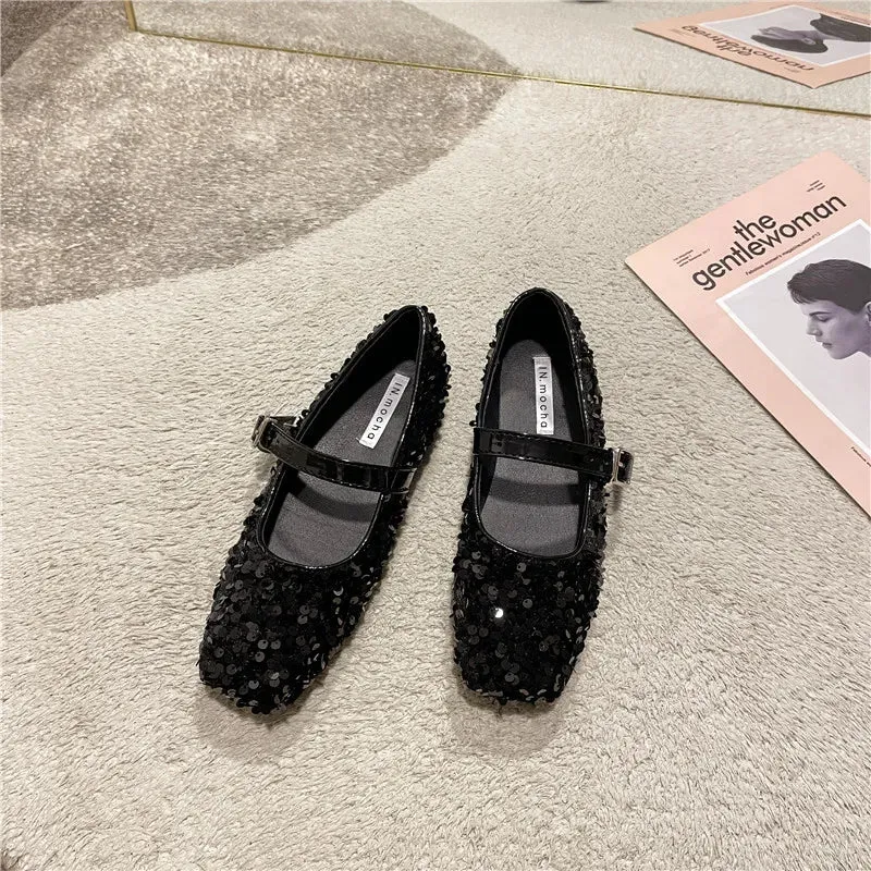 Casual Woman Shoe Soft Female Footwear Shallow Mouth Modis Autumn Elegant Square Toe Oxfords Glitter Dress 2024 Fall Summer Leat