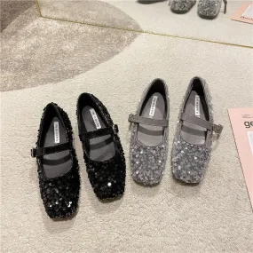 Casual Woman Shoe Soft Female Footwear Shallow Mouth Modis Autumn Elegant Square Toe Oxfords Glitter Dress 2024 Fall Summer Leat
