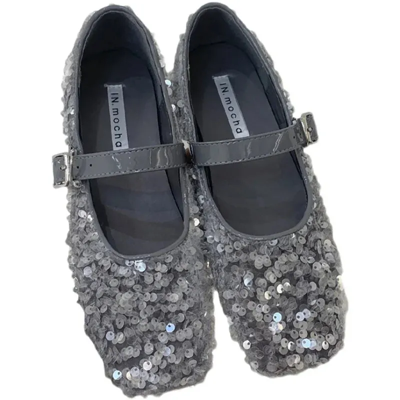 Casual Woman Shoe Soft Female Footwear Shallow Mouth Modis Autumn Elegant Square Toe Oxfords Glitter Dress 2024 Fall Summer Leat
