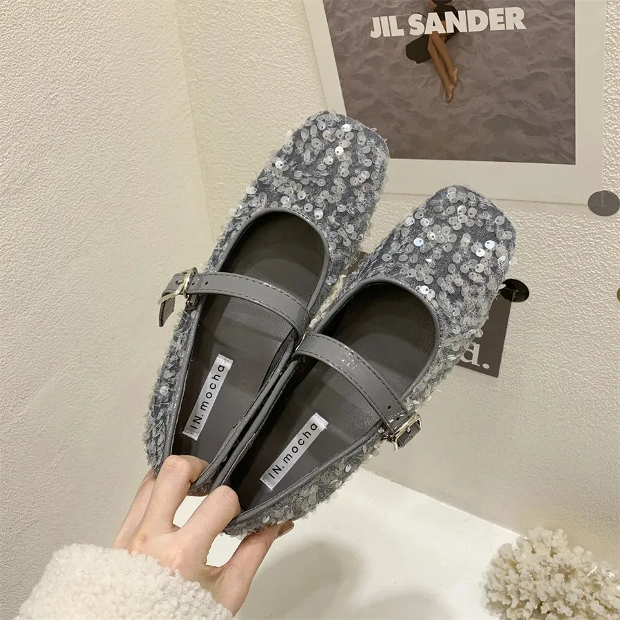 Casual Woman Shoe Soft Female Footwear Shallow Mouth Modis Autumn Elegant Square Toe Oxfords Glitter Dress 2024 Fall Summer Leat