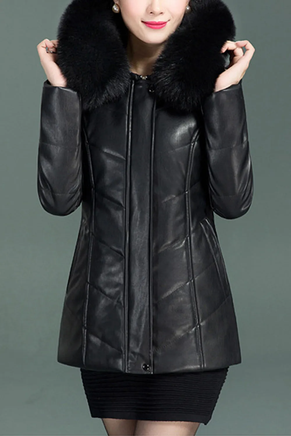 Womem Comfortable Long Sleeve Fluffy Hooded Neck Amazing Solid Colored Winter Warm PU Leather Jacket - WJC23248