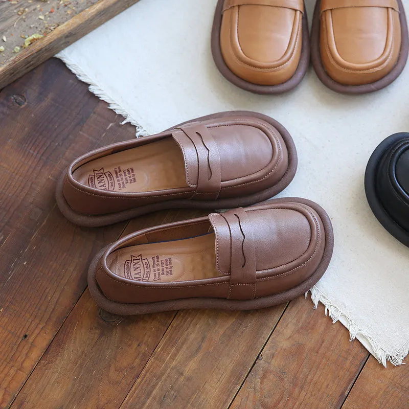 Women Retro Solid Leather Casual Loafers